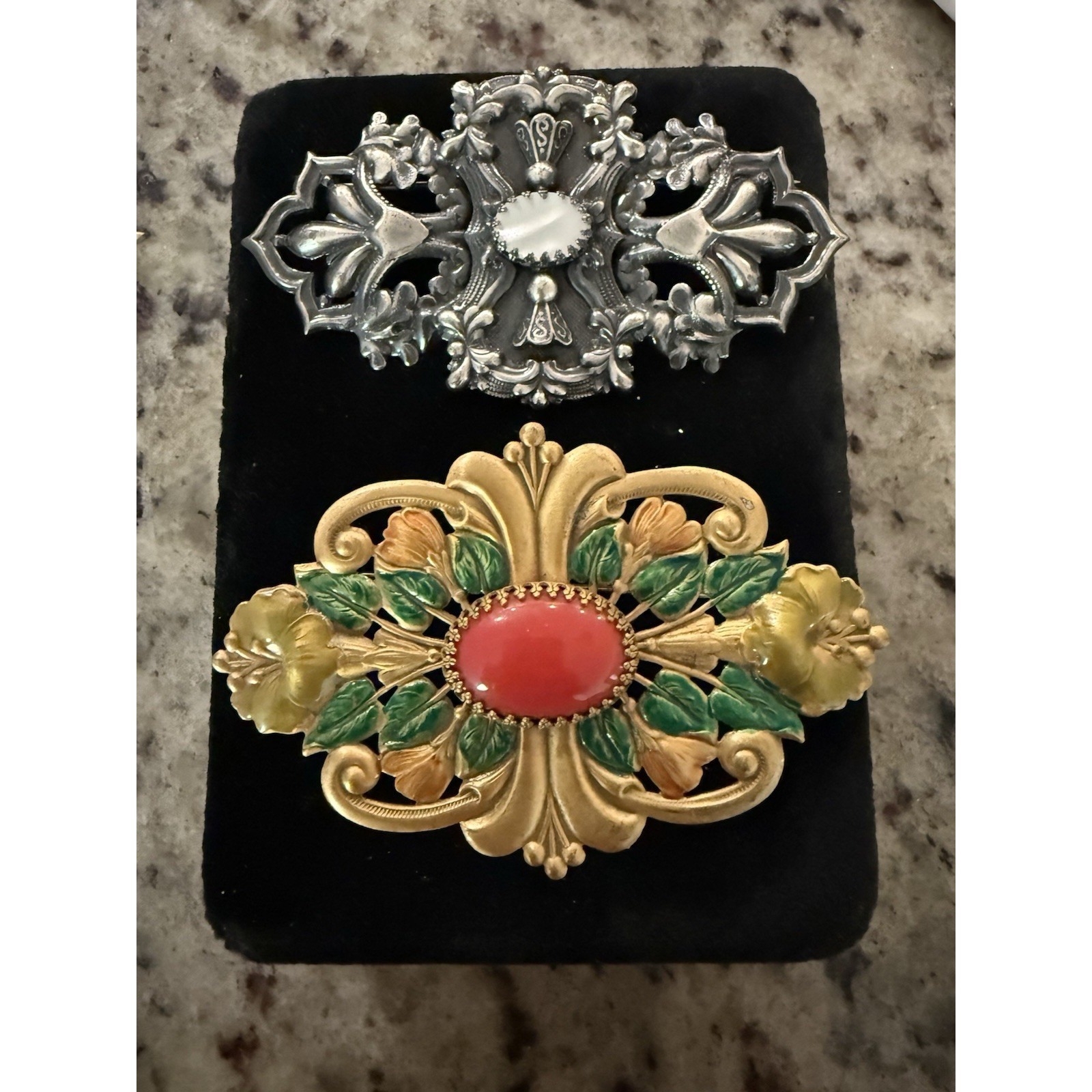 Lot 2 Vintage Sadie Green Art Nouveau Brooches Floral Enamel Cabochon